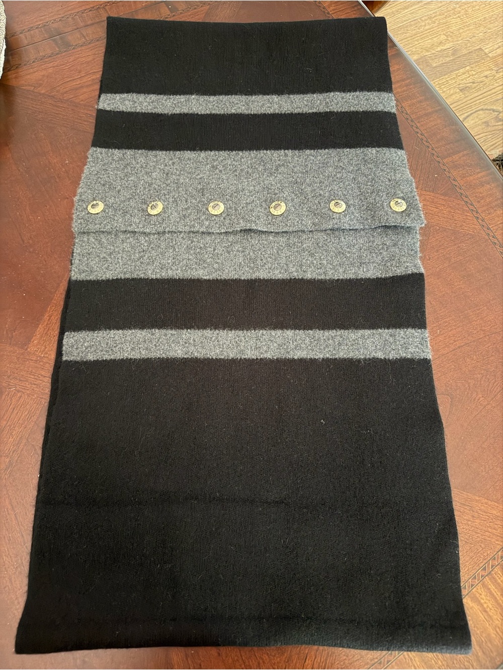 Henri Bendel Black & Gray Striped Signed Gold Rivets Cashmere Infinity Scarf